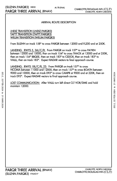 internazionale di Charlotte Charlotte, NC (KCLT): PARQR THREE (RNAV) (STAR)