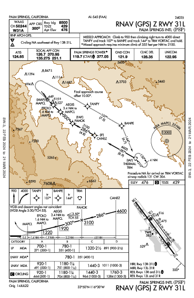 Int'l di Palm Springs Palm Springs, CA (KPSP): RNAV (GPS) Z RWY 31L (IAP)